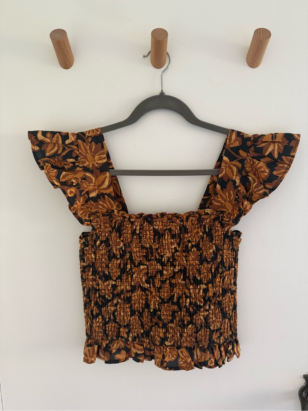 Sezane Black & Mustard Floral Smocked Crop Top